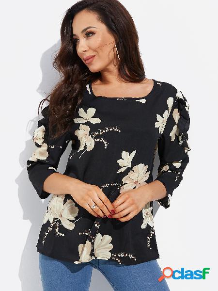 Black Random Floral Print Round Neck Flared Sleeves Blouse