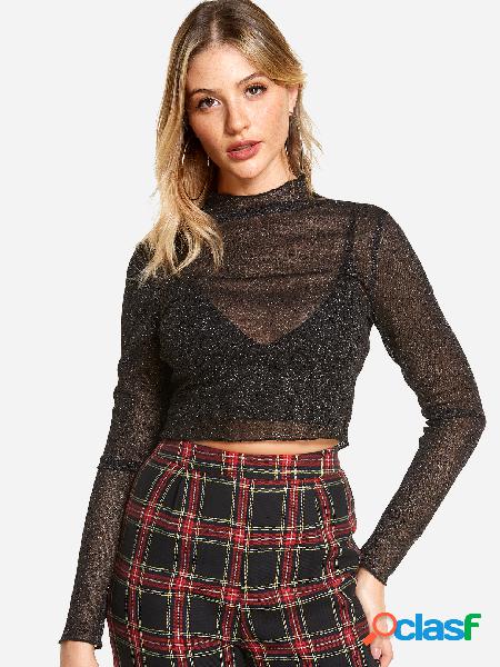 Black Semi Sheer Long Sleeves Crop Top