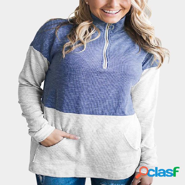 Blue Color Block Pullover Long Sleeves Pocket Design