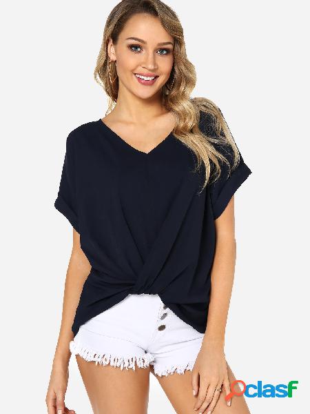 Blue Pleated Knot Design Plain V-neck Short Sleeves T-shirts