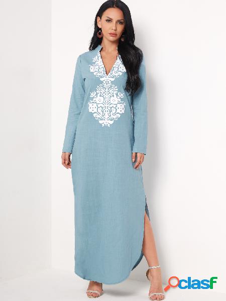 Bohemian Floral Print Deep V-neck Long Sleeve Maxi Dress in