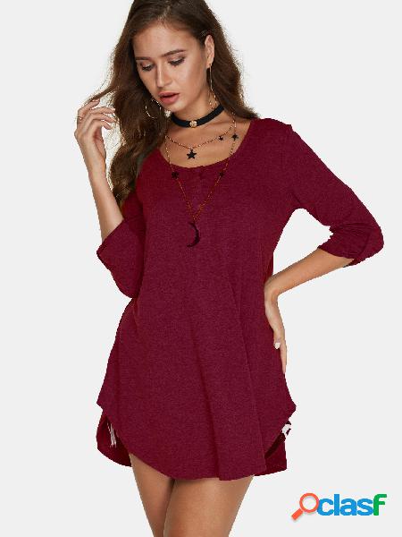 Burgundy Button Design Round Neck T-shirt