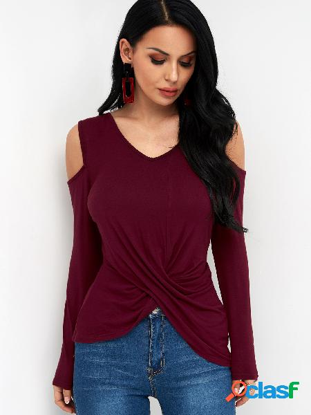 Burgundy Crossed Front Design Plain Cold Shoulder Long