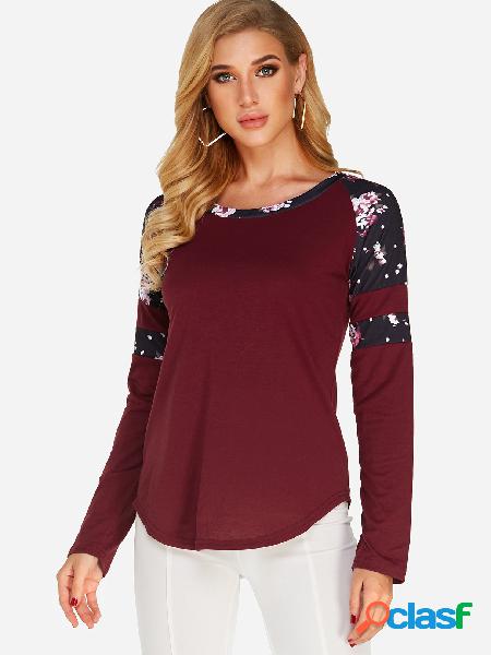 Burgundy Random Floral Print Crew Neck Long Sleeves T-shirts