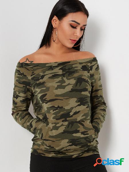 Camouflage Pocket Design Off The Shoulder Long Sleeves