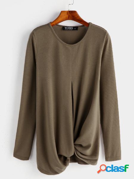 Casual Brown Knotted Front Design Round Neck Long Sleeves