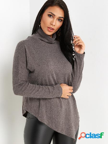 Coffee Turtleneck Bat Sleeves Irregular Hem Sweatshirt