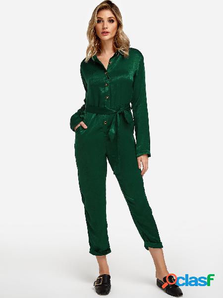 Green Belt Design Lapel Collar Long Sleeves Jumpsuit