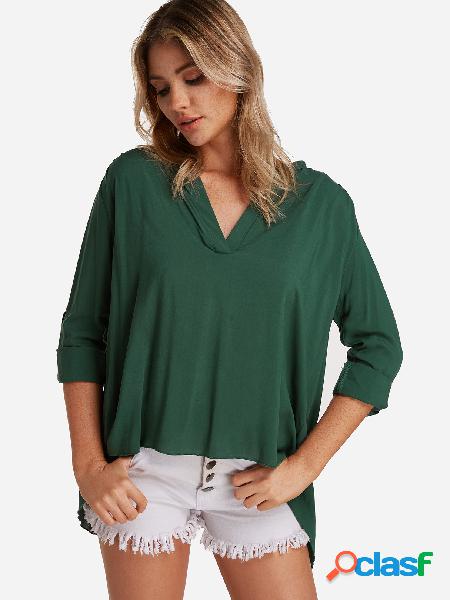 Green Slit Design V-neck Adjustable Sleeves Length Blouse