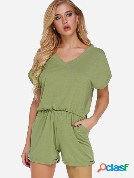 Green V-neck Short Sleeves Drawstring Waist Playsuit