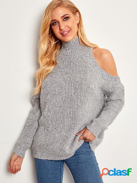 Grey Cold Shoulder Plain High Neck Long Sleeves Sweaters
