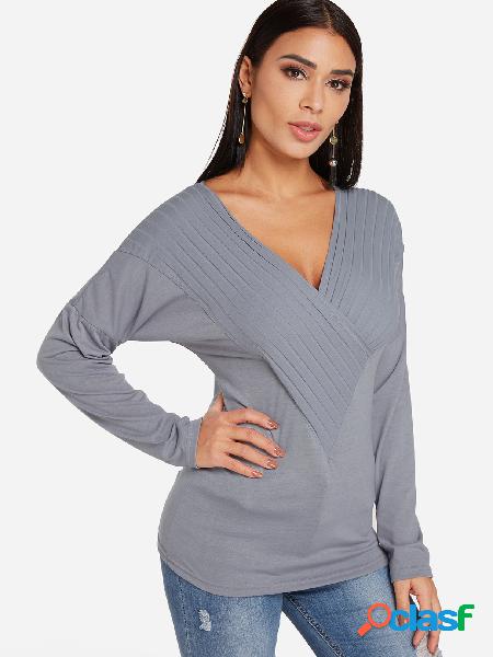 Grey Crossed Front Design Stripe Deep V Neck Long Sleeves