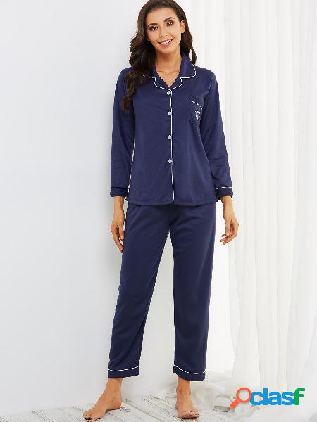 Navy Button Down Pocket Front Long Sleeves Pajama Set