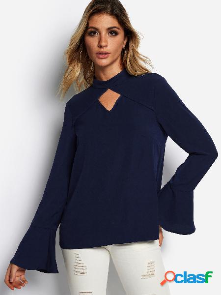 Navy Cut Out Long Bell Sleeves Shirt