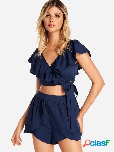 Navy Self-tie Design V-neck Top & Middle-waisted Shorts