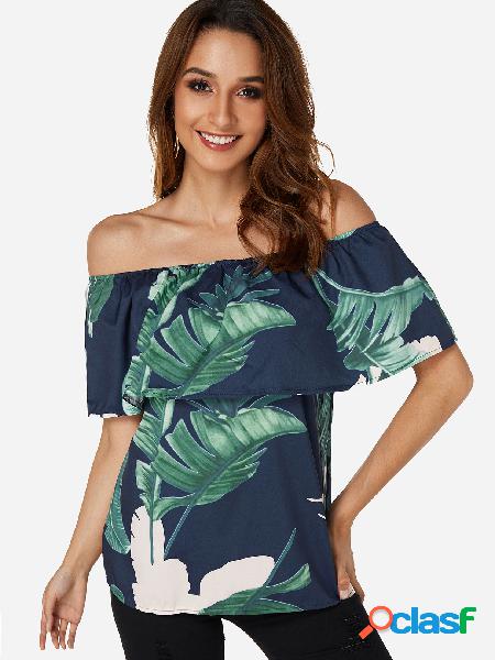 Navy Tiered Design Random Floral Print Off The Shoulder Top