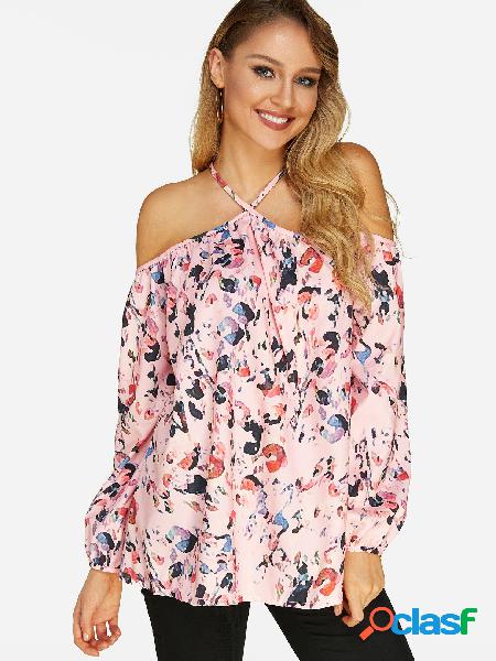 Pink Random Floral Print Cold Shoulder Long Sleeves Blouse