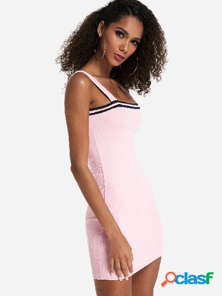 Pink Ribbed Off The Shoulder Spaghetti Dress