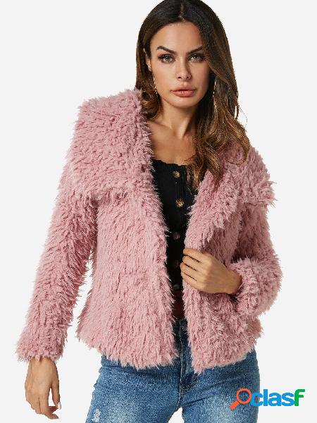 Pink Slip Pockets Lapel Collar Long Sleeves Faux Fur Coat