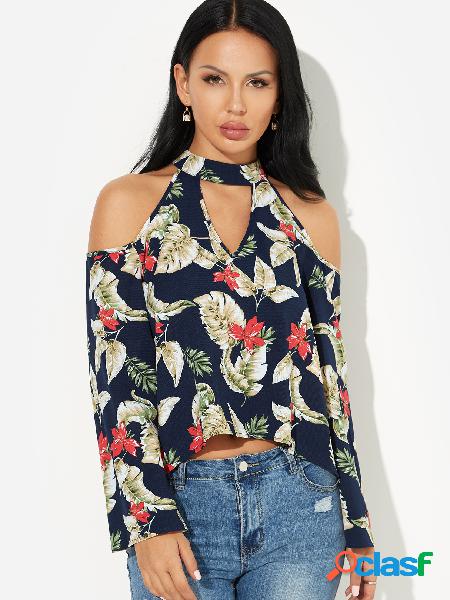 Random Floral Print Choker Neck Cold Shoulder Blouses