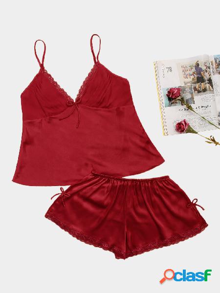 Red V-neck Bow Knot Detailed Pajama Set