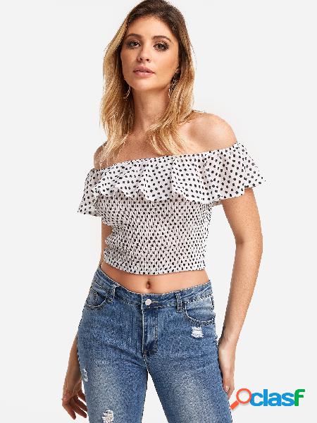 White Pleated Design Polka Dot Off The Shoulder Crop Top