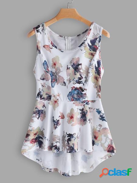 White Random Floral Print Round Neck Sleeveless Tank Top