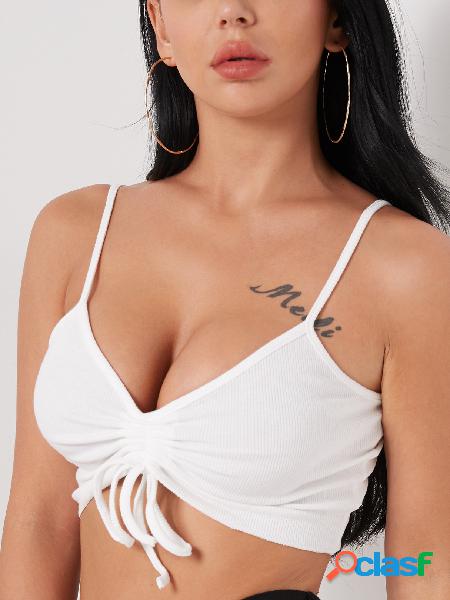 White Spaghetti Strap Plain Drawstring Design Crop Top