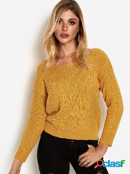Yellow Plain Round Neck Knot Details Long Sleeves Sweaters