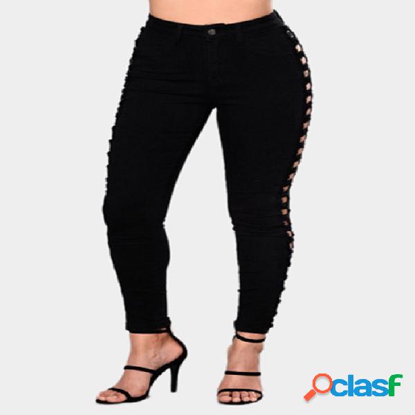 Black Broken Hole High Waist Ripped Jeans