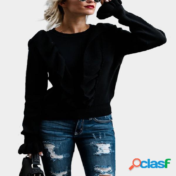 Black Flounce Details Crew Neck Long Sleeves Bodycon Hem