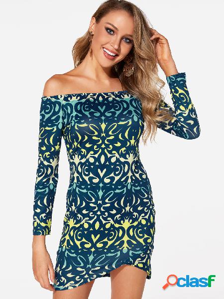 Blue Random Floral Print Off Shoulder Long Sleeves Mini