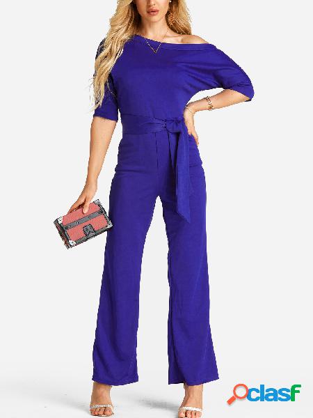 Blue Self-tie Design One Shoulder Jumpsuit