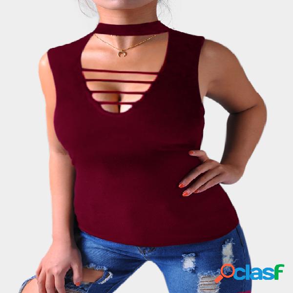 Burgundy Halter Cut Out V-neck Tank Top