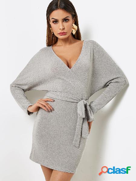 Casual Grey Dolman Sleeve Surplice Dress With Belt