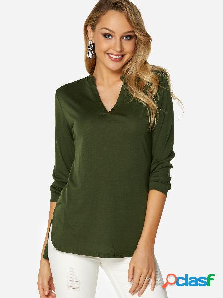 Green Plain V-neck 3/4 Length Sleeves Curve Hem T-shirts