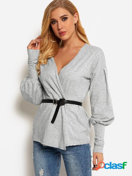 Grey Crossed Front V-neck With Belt T-shirt