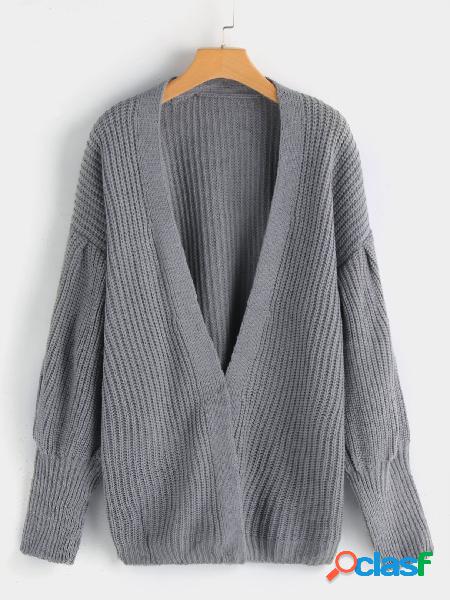Grey Open Front Plain Long Lantern Sleeves Sweater Coat