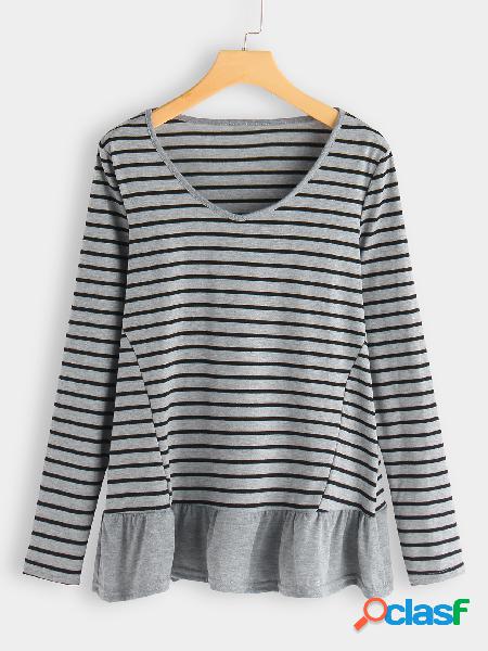 Grey Stripe Crew Neck Long Sleeves Ruffle Hem T-shirt