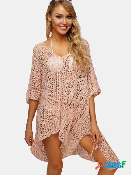 Light Pink V-neck Crochet Hollow Out Knitted Beachwear