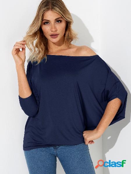 Navy Pleated Design One Shoulder Long Sleeves T-shirt