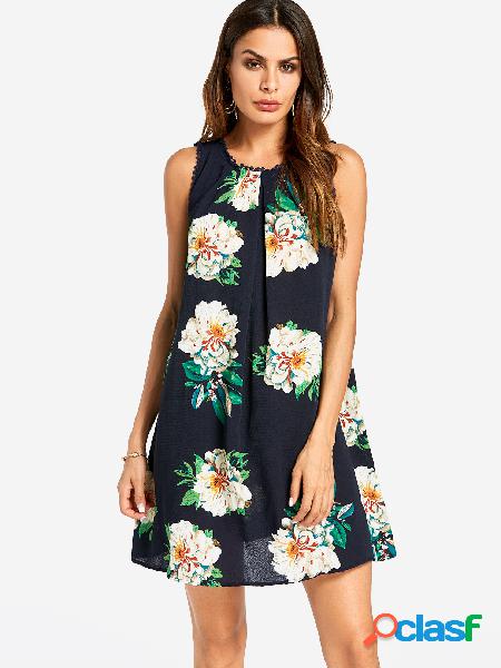 Navy Pleated Random Floral Print Mini Dress