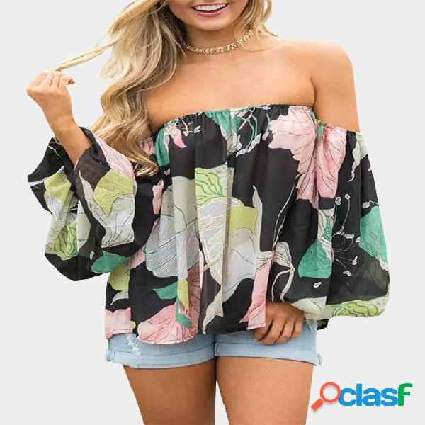 Random Floral Print Off The Shoulder Lantern Sleeves Blouses