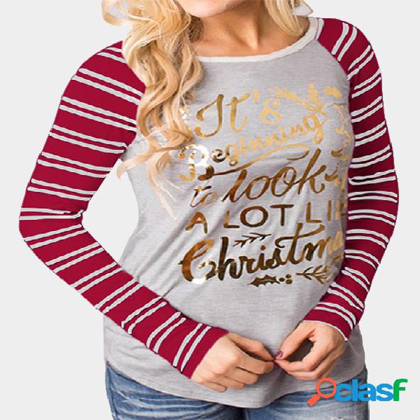 Red & Grey Christmas Letter Print Round Neck Stripe Long