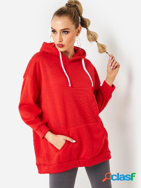 Red Hooded Design Plain Long Sleeves Hoodie With Slip