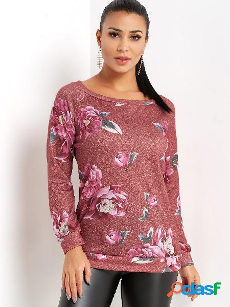 Red Random Floral Print One Shoulder Long Sleeves T-shirt