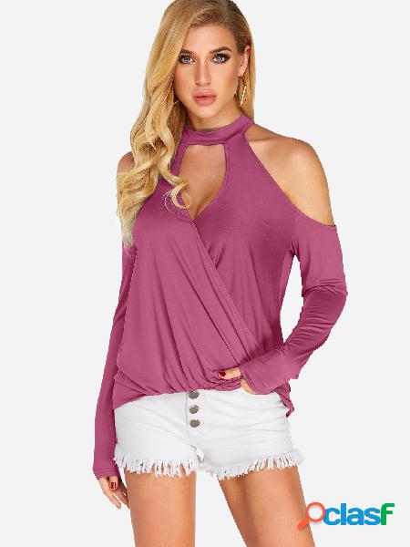 Rose Crossed Front Design Halter Long Sleeves T-shirt
