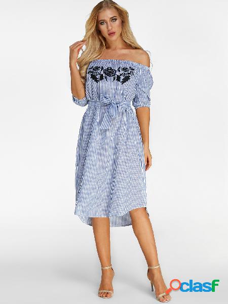 Stripe Embroidered Off The Shoulder Half Sleeves Midi Dress