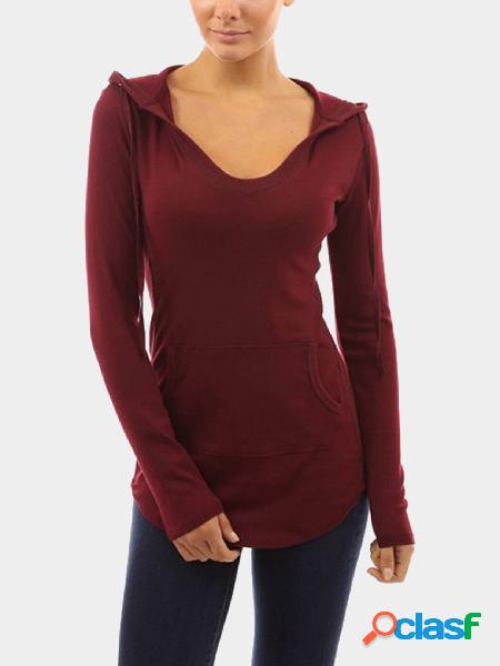 V-neck Hoodie with Front Pocket in Burgundy