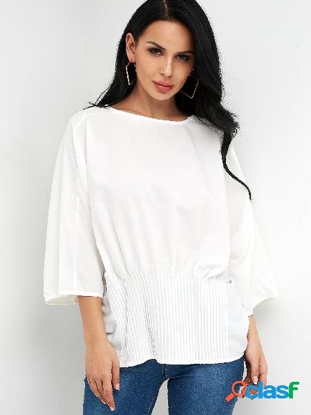 White Crew Neck 3/4 Length Bat Sleeves Blouses With Pleated